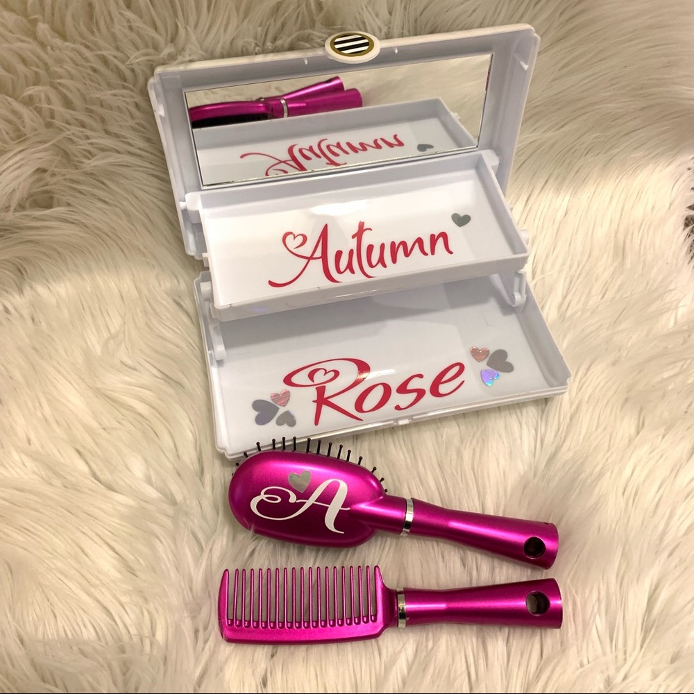 Personalized Beauty set, hair brush, comb, makeup case with mirror